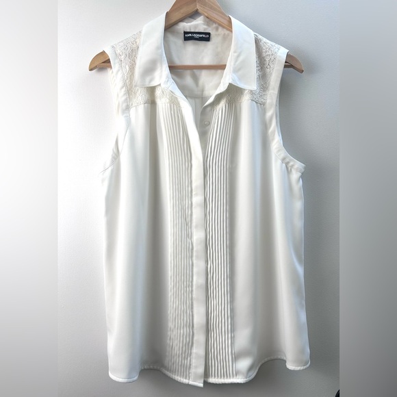 Karl Lagerfeld White Button Up Lace Detail Ruffle Blouse Top - Picture 3 of 15